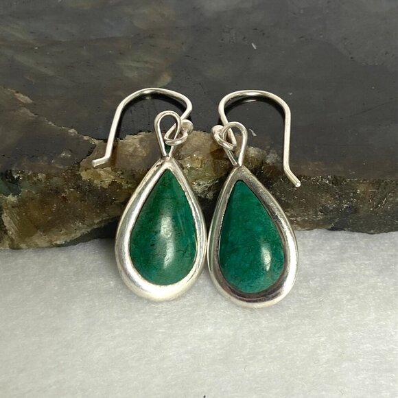 Sterling Silver 925 Southwest Style Chrysocolla Teardrop Dangle Drop Earrings - Picture 12 of 16
